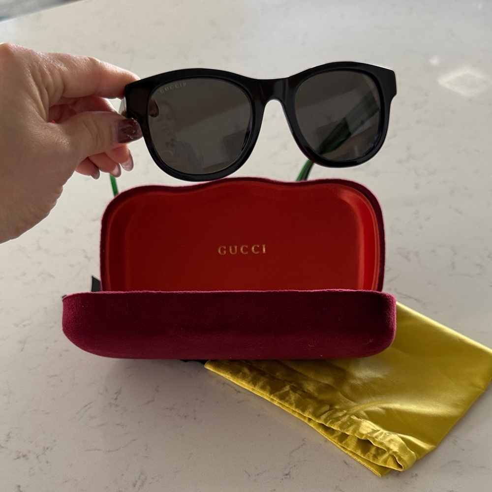 Gucci Black Frame Sunglasses with Green Temples